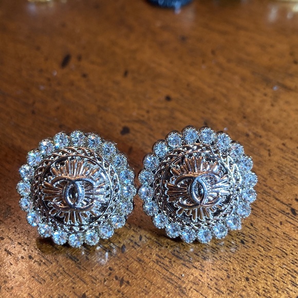 Jewelry - Chanel Earrings,stamped buttons turned into  Silver-Tone Earrings, rhinestones